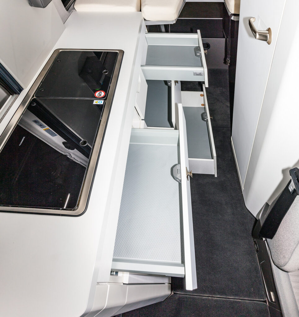 Non-slip mats for drawers in the kitchen unit of the VW Grand California 680